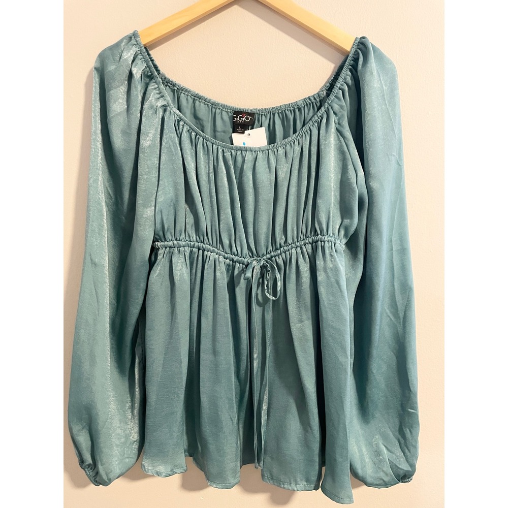 Gigio USA Teal Teal Satin Long Balloon Sleeve Empire Waist Blouse Babydoll Large